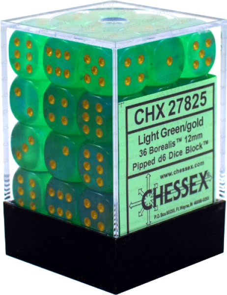 12mm D6 Dice Block (36): Borealis Light Green/Gold
