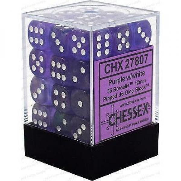 12mm D6 Dice Block (36): Borealis Purple/White