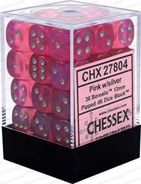 12mm D6 Dice Block (36): Borealis Pink/Silver