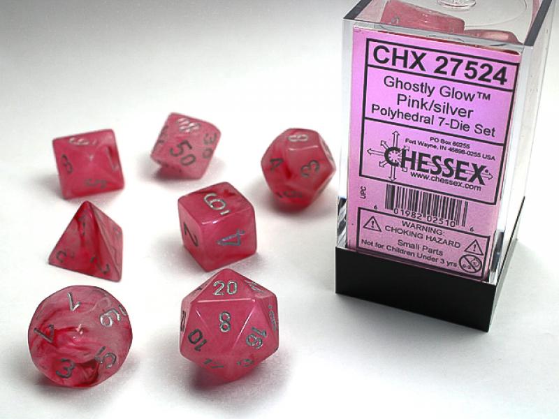 Poly Dice Set (7): Ghostly Glow Pink/Silver