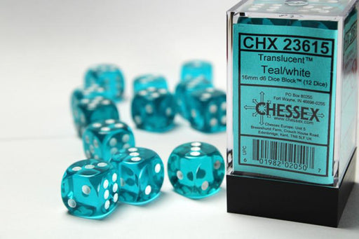 16mm D6 Dice Block (12): Trans. Teal/White