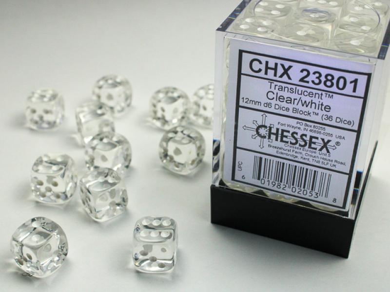 12mm D6 Dice Block (36): Trans. Clear/White
