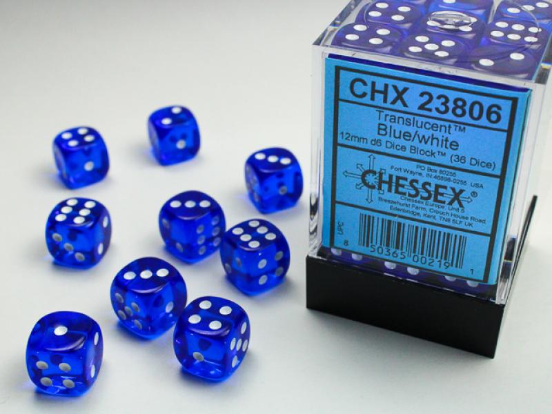 12mm D6 Dice Block (36): Trans. Blue/White