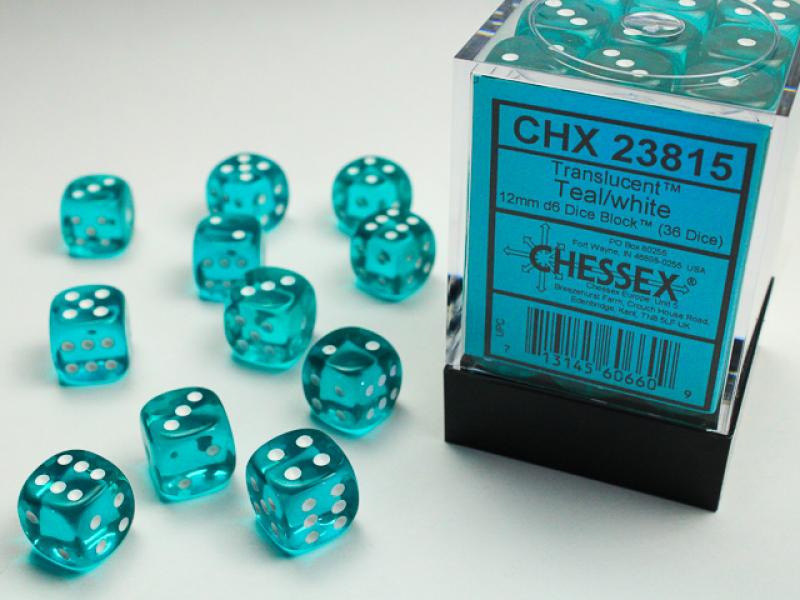 12mm D6 Dice Block (36): Trans. Teal/White