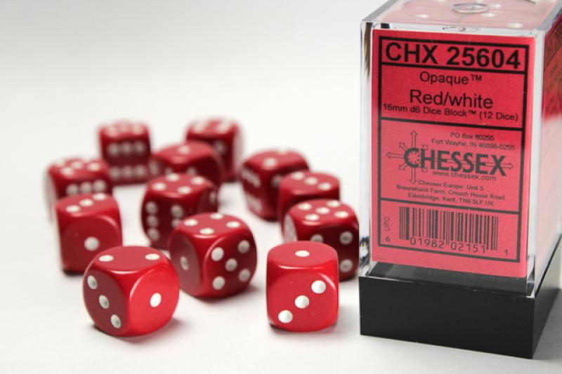 16mm D6 Dice Block (12): Opaque Red/White