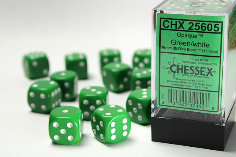 16mm D6 Dice Block (12): Opaque Green/White
