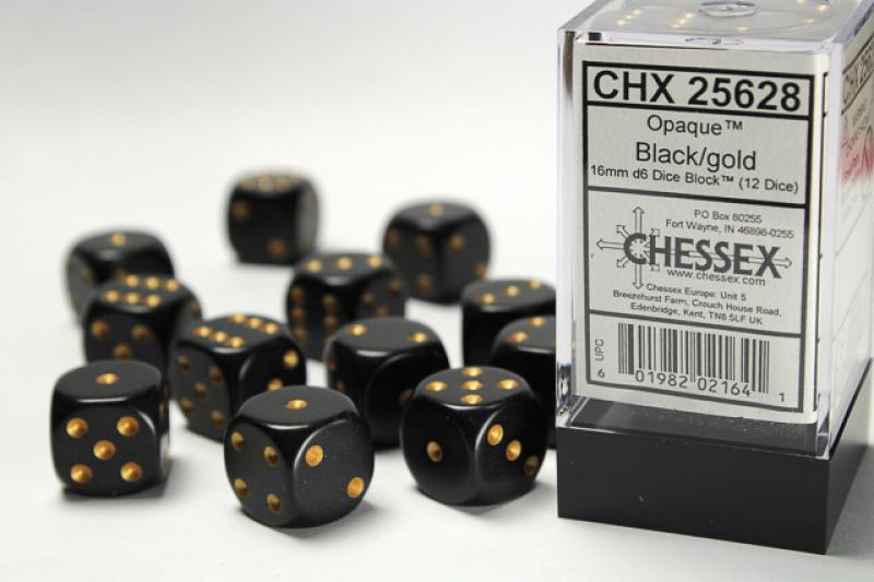 16mm D6 Dice Block (12): Opaque Black/Gold