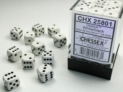 12mm D6 Dice Block (36): Opaque White/Black