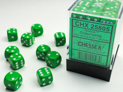 12mm D6 Dice Block (36): Opaque Green/White